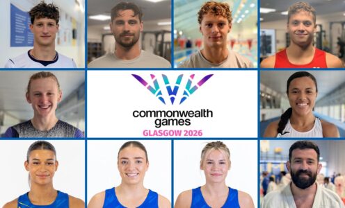 A montage of headshots of University of Bath-based athletes competing at the Glasgow 2026 Commonwealth Games, with the competition logo in the centre of the image.