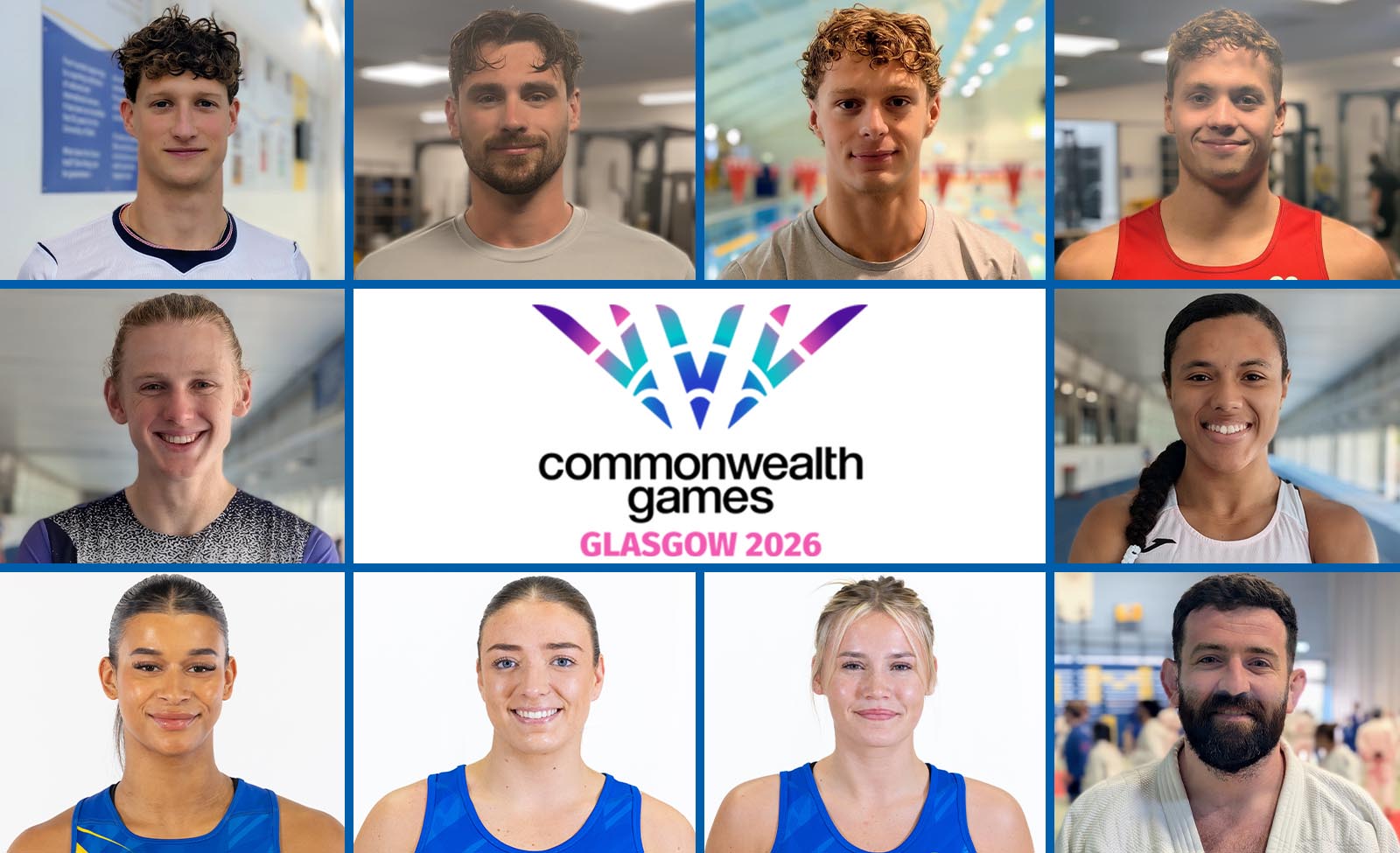 A montage of headshots of University of Bath-based athletes competing at the Glasgow 2026 Commonwealth Games, with the competition logo in the centre of the image.