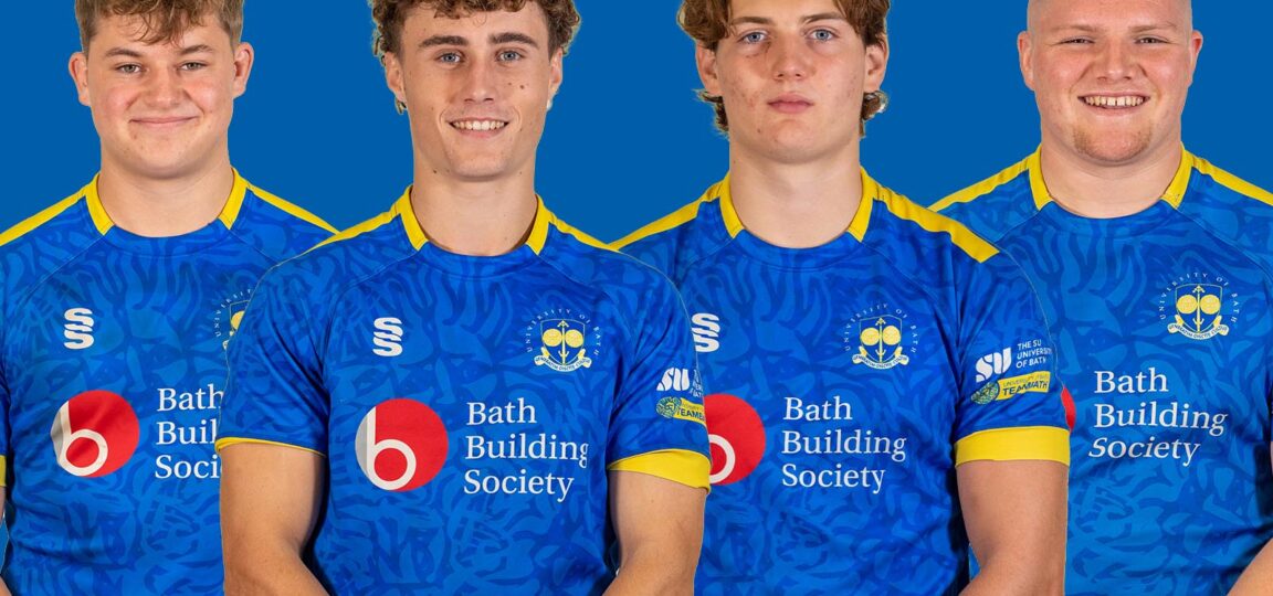 Four portrait pictures of University of Bath BUCS Super Rugby players Will Keylock, Rocky Prowse, Isaac Sprenger and Jacob Yates