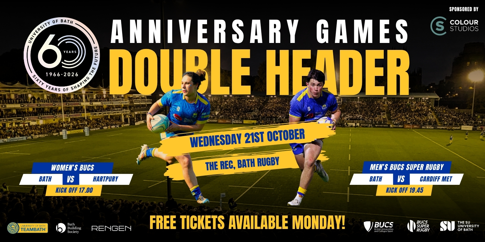 A graphic promoting the University of Bath rugby matches at The Rec. The text reads: "Anniversary Games Double Header. Wednesday 21st October. The Rec, Bath Rugby. Women's BUCS, Bath vs Hartpury, kick-off 17.00. Men's BUCS Super Rugby, Bath vs Cardiff Met, 19:45." 
