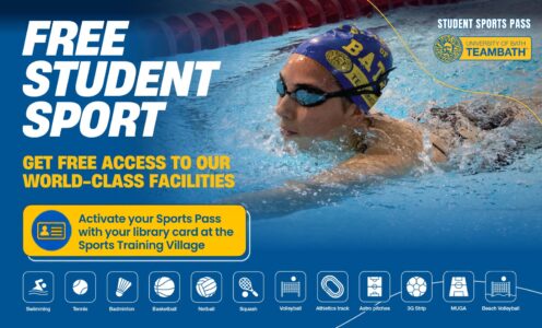 A graphic promoting the Student Sports Pass at the University of Bath. The text reads: "Free Student Sport. Get free access to our world-class facilities. Activate your Sports Pass with your library card at the Sports Training Village."