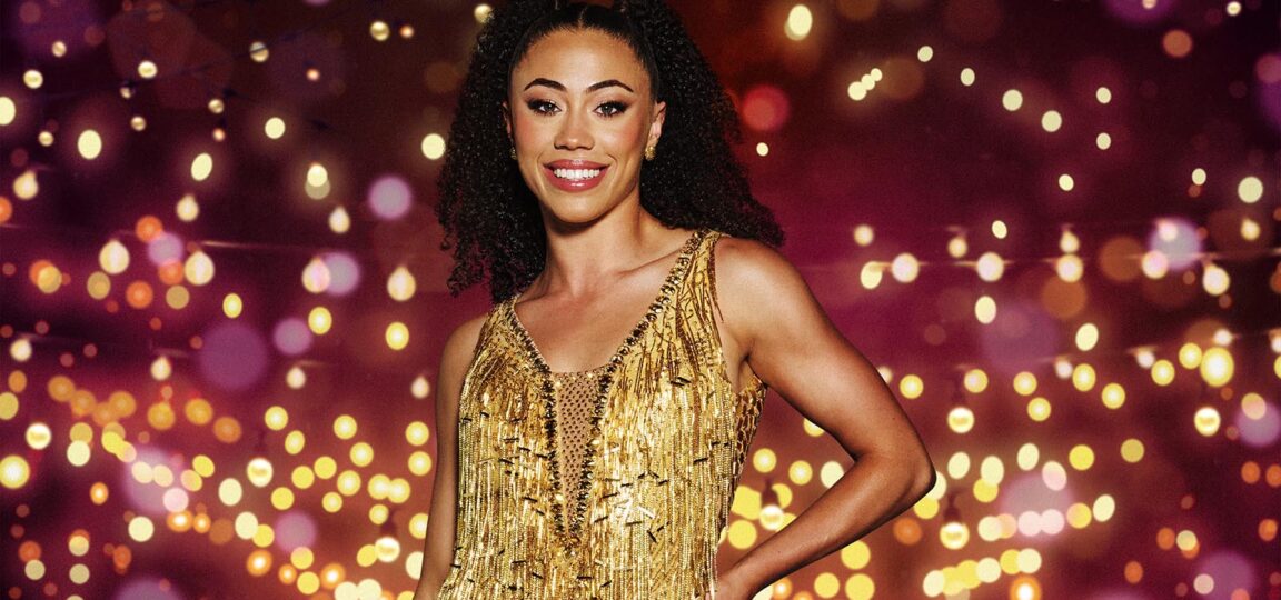Tabby Stoecker wearing a gold dress, superimposed against a glittery background
