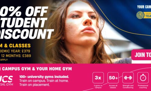 A graphic promoting 2026-27 student memberships at the Team Bath Gym. The text says: "50% off student discount. Gym and classes. Academic year: £379. Full 12 months: £389. T&Cs apply. Your campus gym and your home gym. Join today."