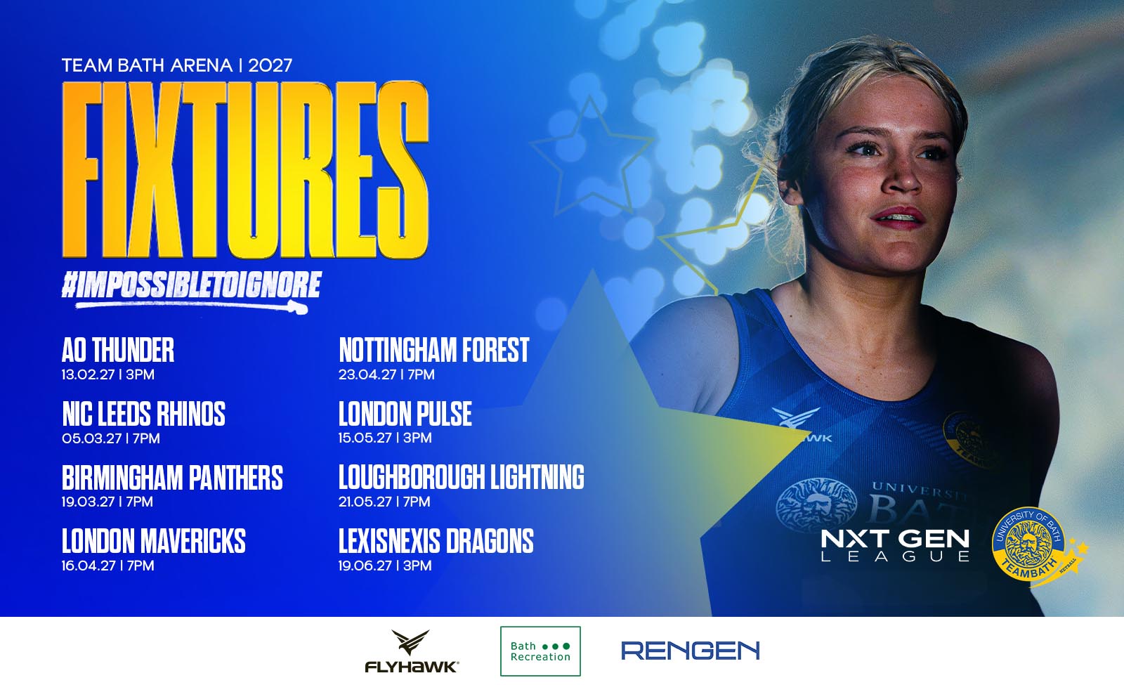 A graphic promoting Team Bath Netball's 2027 NXT Gen League home fixtures