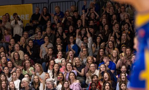 A crowd of netball fans in a full stand